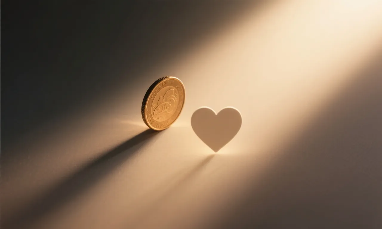 公益象征：光束照亮硬币与爱心，极简构图，象征微小汇聚成温暖
